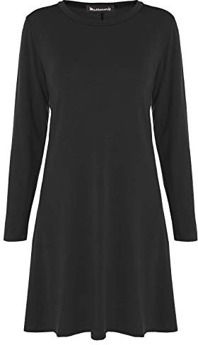 Mustwearit Womens Long Sleeve Plain Swing Dress Ladies Flared Dresses UK Size 8 to 26 Black S/M = UK 8/10
