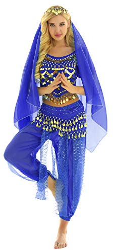 TiaoBug Damen Prinzessin Kostüm Set Pailletten Crop Top + lange weite Hose + Stirnband mit Strass Verkleidung für Karneval Fasching Cosplay Party Tanz Royal Blau Bauchtanz Set Einheitgröße