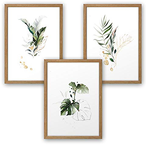 3-teiliges Premium Poster-Set | Kunstdruck | Botanik grün | Blätter | Deko Bild für Ihre Wand | optional mit Rahmen | Wohnzimmer Schlafzimmer Modern Fine Art | DIN A4 / A3 (A4, natur Rahmen)