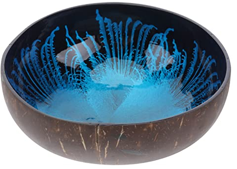 Natural Coconut Shell Decorative Bowl for Key Storage, Candy Container and Nuts Holder - Blue Pattern, 5.3 Inches Diameter