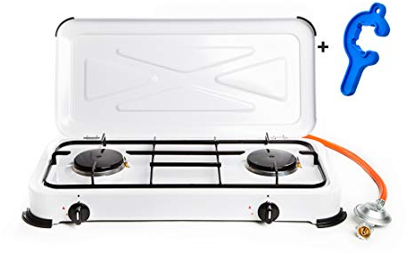 2 flammiger Propan Gaskocher mit Zündsicherung + emaillierte Brennerdeckel und Topfträger (Hockekocher, Kocher, Gastrokocher, Gasherd, Campingkocher)