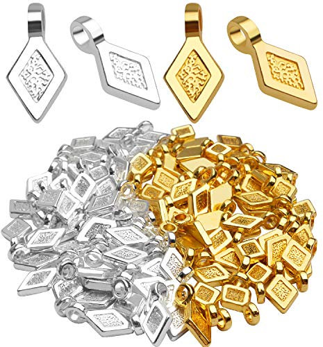 Glue on Bails, 100pcs Metal Small Pendant Bails Glue on Bails Flat Rhombic Pad Bails for Pendants Necklace Earring Jewelry Scrabble Making Craft Supplies, Golden and Silver, 16x8mm