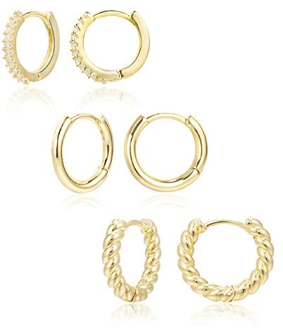 Gold Creolen Ohrringe Silber 925 Damen, 3 Paar 14K Vergoldet Schlafen Ohrringe Set Mit Zirkonia Klein Hypoallergen Huggies für Damen Männer Mädchen