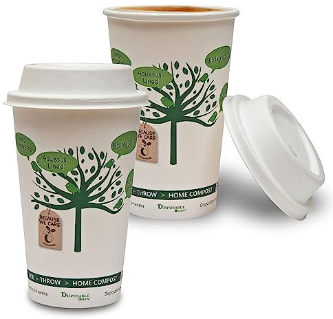 DISPOSABLE GREEN NextGen Single Wall Cups with Lids, Paper Cups with Aqueous Lining, Takeaway Cups for Cold & Hot Drinks, Leak Proof Coffee Cups, 16 oz, 100 Pack