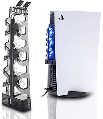 PS5 Cooling Fans, PS5 Cooling Fan Horizontal Compatible with Playstation 5 Disc & Digital Edition Console, Include Fan Light, Fan Switch and USB Output Port (NOT for PS5 Slim)