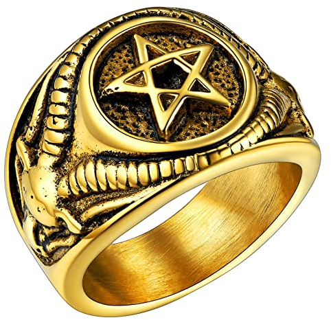 FaithHeart Herren Damen Siegelring Satan Pentagram Ring Retro Fingerring Siegelring mit Geschenkebox für Valentinstag Geburtstag