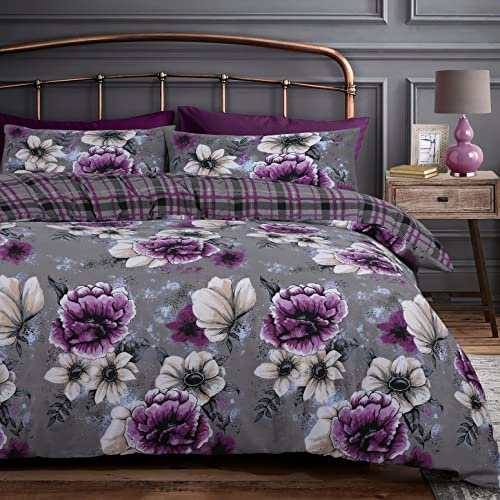 Velosso Grey Purple Blossom Large Floral Bed Set with Duvet Cover and Pillow Case (Purple/Grey, Single)