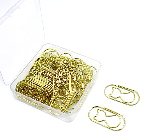 50 Stück Büroklammern Katze, Büroklammern, lustige büroklammern, für Lesezeichen Büro Schule Notebook, Metall Paper Clips Lesezeichen (Gold)