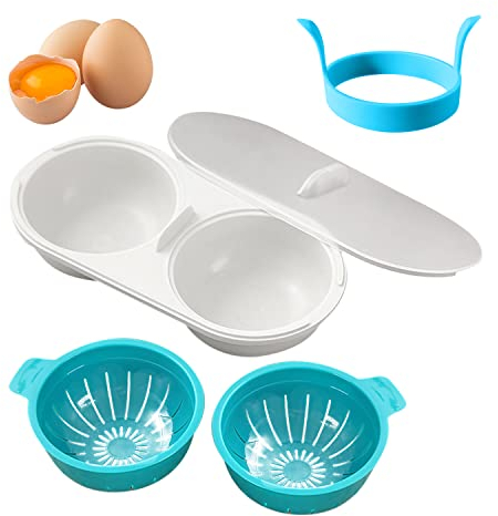 1-Pack Egg Steamer with 1 Silicone Egg Ring, Kitchen Accessories, Double-Cup Egg Boiler, Cooking Mould, Poached Egg Widget, Microwave Double Egg Boiler (Blue)