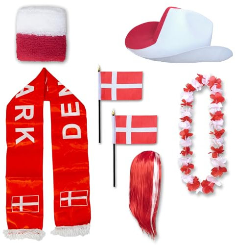 Sonia Originelli Fanset Fanartikel Fanhut Blumenkette Fanschal Schweißband Fähnchen Perücke WM EM Farbe: Dänemark Langhaar