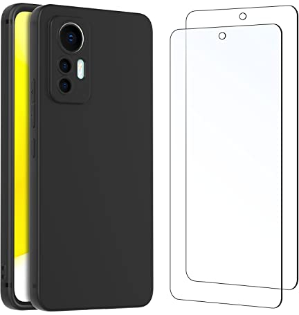 NEW'C Cover per Xiaomi 12 Lite in custodia silicone ultra sottile nero e 2 × vetro temperato per Xiaomi 12 Lite, pellicola protettiva per schermo