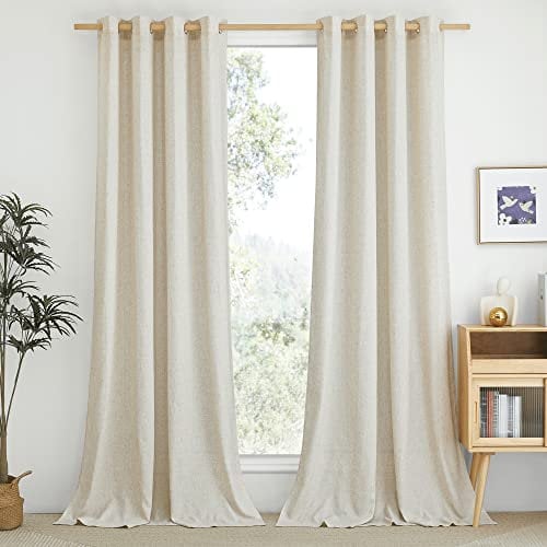 PONY DANCE Natural Linen Curtains 84 Inch Drop, Farmhouse-Charmed Bedroom Curtains with Eyelet Top Light Filtering Privacy Protected Window Treatments for Room Divider, 55x84-Inch, Set of 2