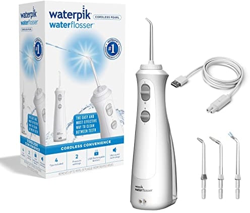 Waterpik Cordless Pearl Water Flosser, Electric Dental Flosser, Rechargeable Dental Plaque Removal Tool, Clean Between Teeth, Oral Irrigator, Ideal for Travel or Small Bathrooms, White, WF-13UK