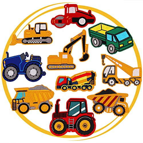 Winrase 10 Stück Aufnäher zum Aufbügeln von Fahrzeugen, bestickt, Motiv-Applikation, Dekoration, Bagger, LKW, bestickte Aufnäher für Kinderkleidung, Jeans, Näharbeiten (Fahrzeuge, 10 Stück)