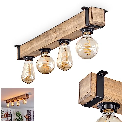 Deckenleuchte Montgomery, moderne Deckenlampe aus Metall/Holz in Schwarz/Natur, Leuchte im Industrial-Style, Retro/Vintage-Leuchte 4-flammig mit Holzbalken, 4 x E27-Fassung. ohne Leuchtmittel