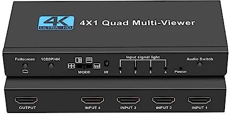 Suckoo HDMI 4-Kanal-Quad-Multi-Viewer-Bildschirmschalter, 4-in-1-Ausgang, 2-in-1-Ausgang mit IR, kompatibler 4-Port-Computer-Host-Laptop, externer HDMI-Monitor, TV-Projektor, Splitter-Adapter, 4K