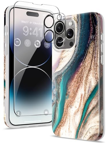 GVIEWIN for iPhone 15 Pro Case Marble TPU with Screen+Camera Protectors | Military Grade Protection, Non-yellow, Sparkle Marble, TPU, Shockproof, Anti-Scratch Cover for 6.7 2023, Drift Sands/Brown