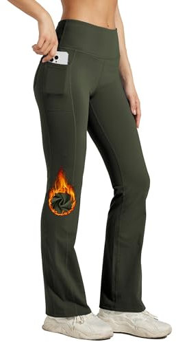 WILLIT Damen Thermo Flare Leggings Winter Fleece gefütterte Yogahose Warm Sportleggins Laufhose Bootcut Hose High Waist mit Taschen Olivengrün L