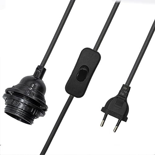 CABLEPELADO Douille de lampe E27 avec interrupteur, adaptateur de lampe E27, culot pour ampoule E27, prise + interrupteur marche/arrêt, câble de 2 mètres, culot E27, style vintage, câble tressé, noir