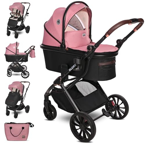 Lorelli Kinderwagen Glory 2 in 1 inkl. Babywanne und Sportsitz, Baby Kombikinderwagen bis 22kg, Zusammenklappbar, Große Gummireifen, Großer Einkaufskorb, Fußsack, Federung, Organizer Tasche, Rosa