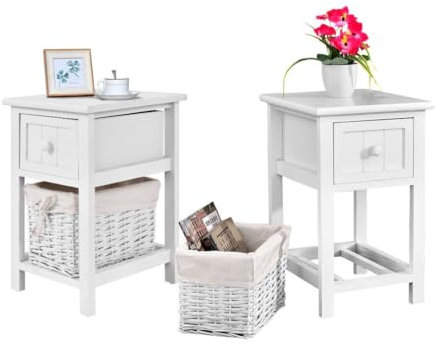 CASART Bedside Table, 2-Tier Nightstand End Table with 1 Storage Drawer and 1 Basket Drawer, Wooden Sofa Side Table for Living Room Bedroom Office (2, White)