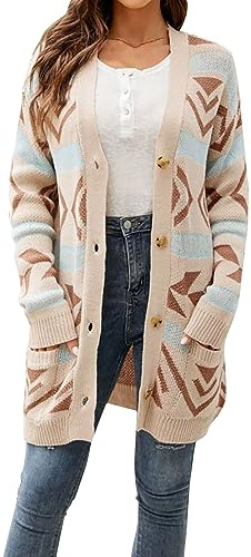 Cocila Open Front Cardigan Sweaters for Women Women's Autumn and Winter Lozenge Loose Mid Length Knit Cardigan Ladies Petite Sweaters Cardigan Beige Cardigan Women