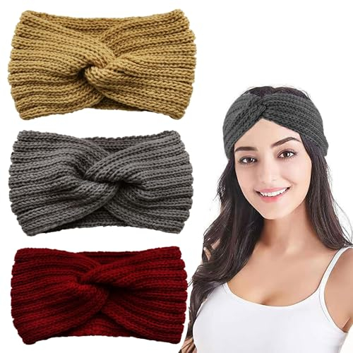 Ellxen 3 Stück Stirnband Damen Winter - Häkeln Strick Elastische Haarreife Ohr Wärmer für Mädchen, 4 Farben (Khaki+Grau+Rot)