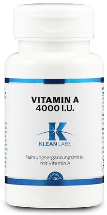 Klean Labs - Vitamin A 4000 i.E. - 100 Kapseln - vegan, ohne Gentechnik, glutenfrei, ohne unerwünschte Zusätze - zur Erhaltung normaler Sehkraft & Schleimhäute