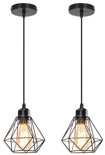 iDEGU 2 Stücke Pendelleuchten Schwarz 16cm Industrial Hängelampe aus Metall Käfig Lampenschirm Retro Lampe E27 Fassung Vintage Hängeleuchte für Esstisch Flur Küche Schlafzimmer (1-flammig)