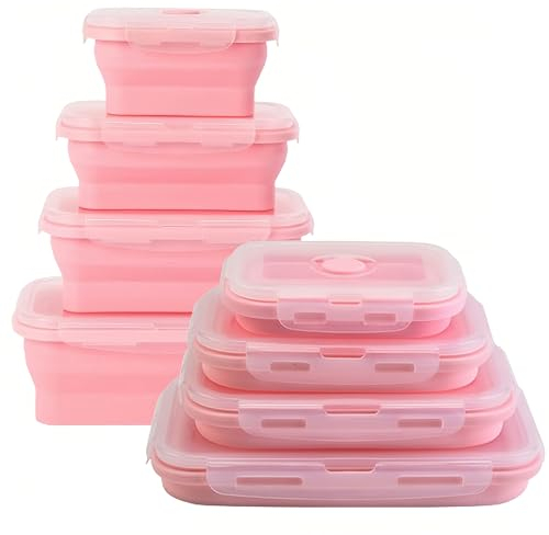 Movstriker Collapsible Silicone Food Storage Containers with Lids, 4 Pack Set Portable Bento Lunch Box Meal Prep Containers Reusable, Space Saving Microwave/Fridge/Freezer/Dishwasher Safe, Pink