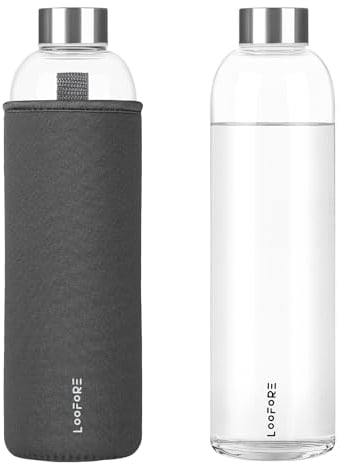LOOFORE 1 Litre Glass Water Bottle 1000ML, BPA-Free Leak Proof, Clear Water Bottle with Protective Sleeves for Sports and Gym with Hot Cold Drinks