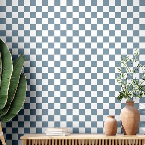 Drydiet Retro Checkered Peel and Stick Wallpaper 70s Funky Checkered Contact Paper Geometric Waterproof Wallpaper Neutral Checkerboard Decor for Bathroom Cabinet(Sky Blue,9.8' X 15.75'')