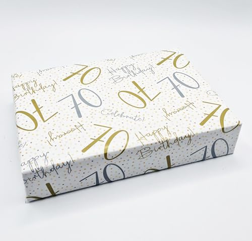 Geschenkpapier zum 70. Geburtstag, Aufschrift Happy Birthday, Weiß / Gold / Silber, Unisex, Alter 70. Geburtstag, männlich, weiblich, 2 Bögen
