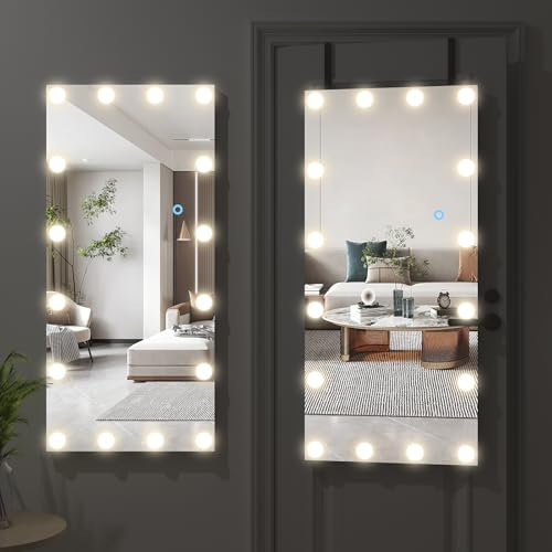 Biyatuos Door Mirror,43x20Over The Door Mirror,Full-Length Mirror with Lights,Vanity Makeup Dressing Body Mirror for Bedroom Living Room (Black)