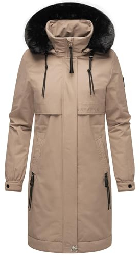 Navahoo Damen Mantel lange warme Winterjacke mit Kunstfell und Kapuze (beides abnehmbar) Kaltwetterretter 14 XS-6XL
