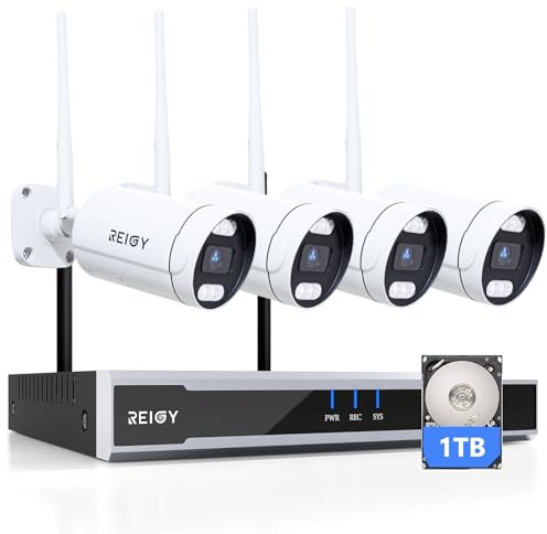 REIGY 5MP WLAN Überwachungskamera Set Aussen mit 1TB Festplatte, 16CH WiFi NVR Überwachungssystem +4x1920P Kamera, Zwei-Wege-Audio Bewegungserkennung Farbige Nachtsicht