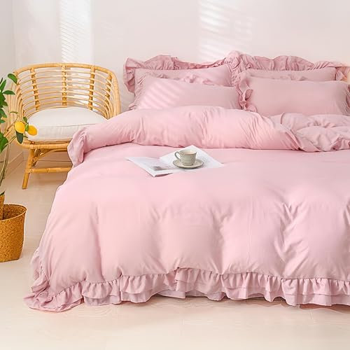 Nayoroom Bettwäsche 135x200 Rüschen Rosa Mädchen Kuschelige Bettbezug Set 2teilig Niedliche Altrosa Romantisch Ruffle Aesthetic Renforce Mikrofaser Deckenbezug und Kissenbezug 80x80 Reißverschluss