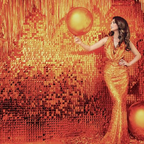 30cm x 30cm Sequin Wall Panel Backdrop for Birthday Party Wedding Shimmer Panels Background Decoration (Orange, 30cm x 30cm * 12pcs)