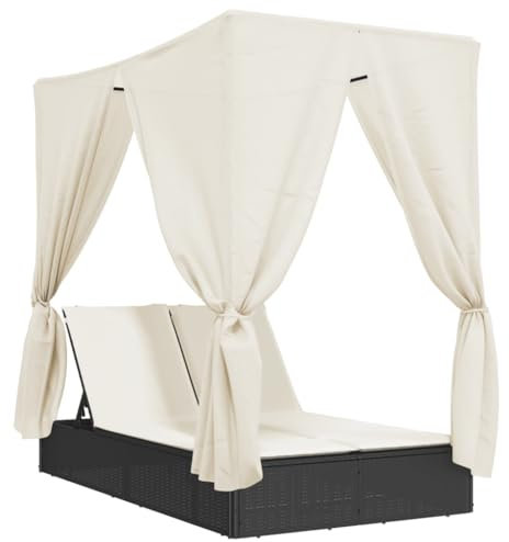 Gecheer Doppel-Sonnenliege mit Dach und Vorhängen Gartenliege Relaxliege Rattanliege Strandliege Liegestuhl Liege Schwarz Poly-Rattan
