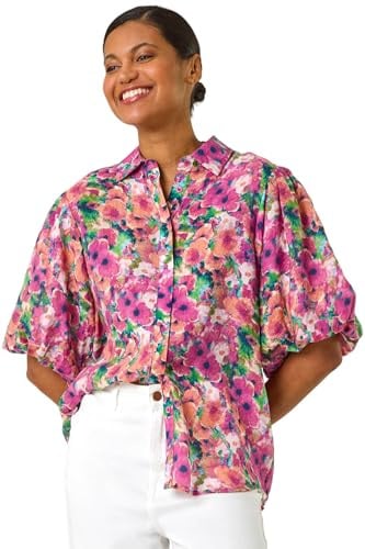 Roman Originals Floral Print Button Through Shirt for Women UK - Ladies Everyday Holiday Spring Summer Shirt Style Collar Comfy Soft Evening Vacation Work Party - Pink Floral - Size 16