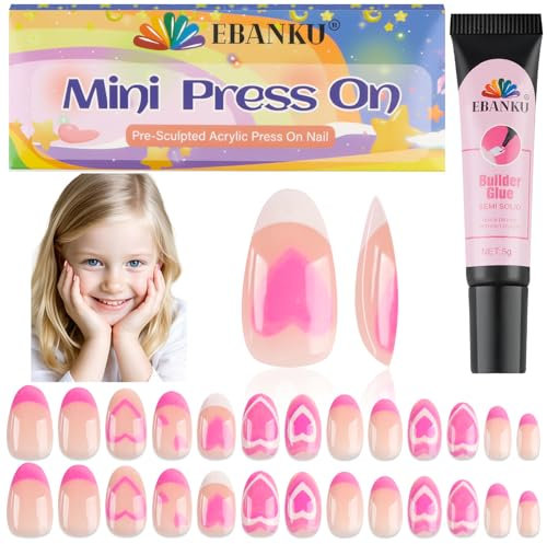 26 Pieces Press on Nails for Kids, EBANKU Kid False Nail Kit Pink Heart Press on Nail with Nail Glue Fake Nail Kits for Kids Girls