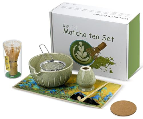 Mucek Matcha Kit 8 Pièces, Balai à Matcha, Bol Matcha en Céramique, Tasse à Matcha, Passoire à Matcha, Cuillère à Matcha, Repose-Cuillère, Cadeau Artisanal pour Les Amateurs de Matcha