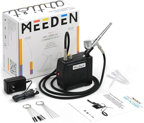 MEEDEN Airbrush Kompressor mit 1.8m Luftschlauch: Kabelloses Air Brush Kompressor Auto Stop mit Reinigungbürste für Modell Tattoo Graffiti Malerei Torten Dekoration- Schwarz