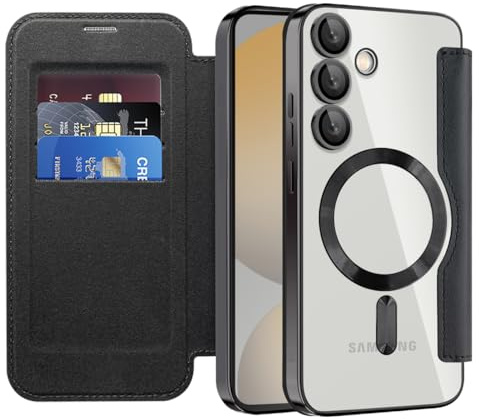 SIYOPINPFY for Samsung Galaxy S23 FE Case Wallet with Card Holder, Black JD | [Compatible with MagSafe] [RFID Blocking] Premium Flip Leather Card Slots Holder , Magnetic Clear Back Shockproof Phone Case