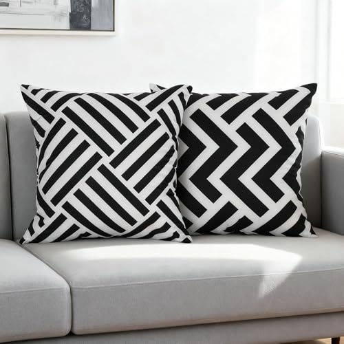 BCughia 2er Set Kissenbezüge 45 x 45 cm, Kissenbezug Schwarz Weiß Gestreift Geometrisch Muster Doppelseitig Kurzplüsch Couchkissen Quadratisch Sofakissen