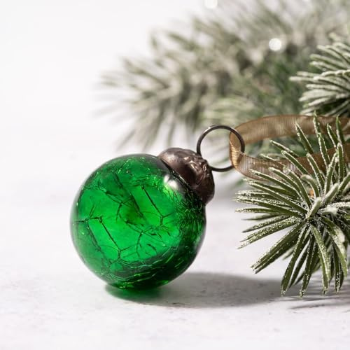 Arthur Cameron - Set of 6 Small 1 Hand-Blown Crackle Glass Balls - 3cm Small Hanging Ornaments with Bronze Caps & Organza Ties – Christmas Tree Decorations (Emerald)
