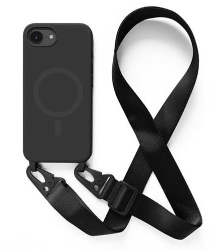 JIYU Handykette Hülle Kompatibel mit iPhone 16e/iPhone SE 4/iPhone SE 2025 Hülle Magnetisch mit Band,Halskette Schutzhülle Kabellosem Laden Silikonhülle Halsband Lanyard Stoßfeste HandyHülle,Schwarz