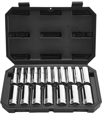VEVOR Socket Set, 18 Pieces, 12.7 mm Drive Socket Tool Set, Metric Size from 10 to 27 mm, Mechanic Tool Kit with Storage Case, Clear Markings, Chrome Plated CR-V Alloy Steel, for Automotive Repair