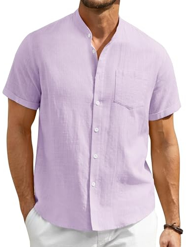 Enlision Hommes Chemises Manche Courte Chemise Lin Homme Solid Henley Shirts Été Col Mao Chemise de Plage Classique S-4XL