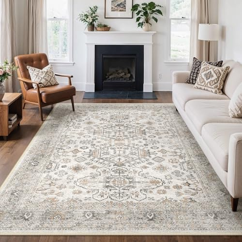 GENIMO Orientalisch Vintage Teppich Taupe Beige Waschbar 160x230 cm | Helles orientalisches Medaillonmuster in Taupe und Beige, waschbar und rutschhemmend – für Sofa- und Bettbereich.
